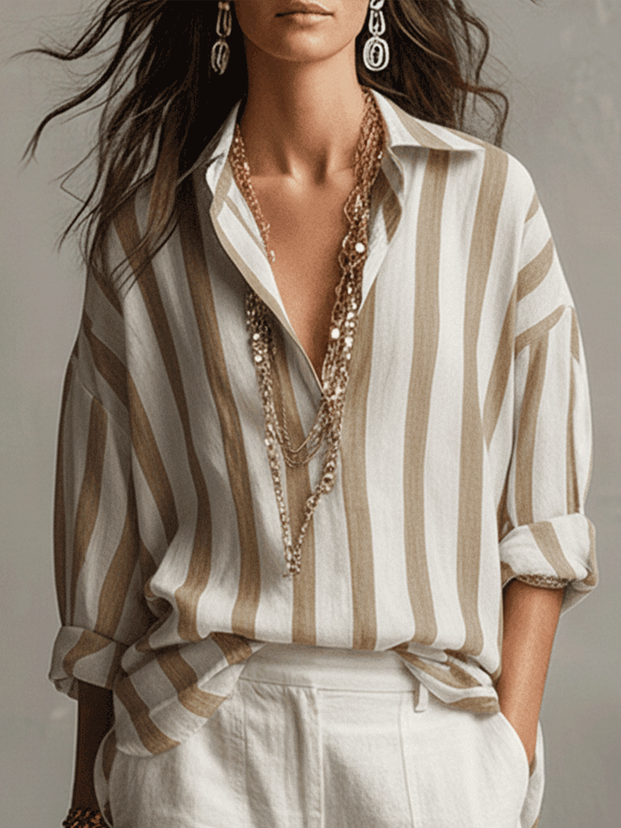 Daniela | Camicia Casual a Righe in Cotone e Lino a Maniche Lunghe