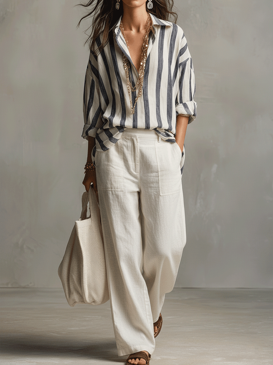 Daniela | Camicia Casual a Righe in Cotone e Lino a Maniche Lunghe