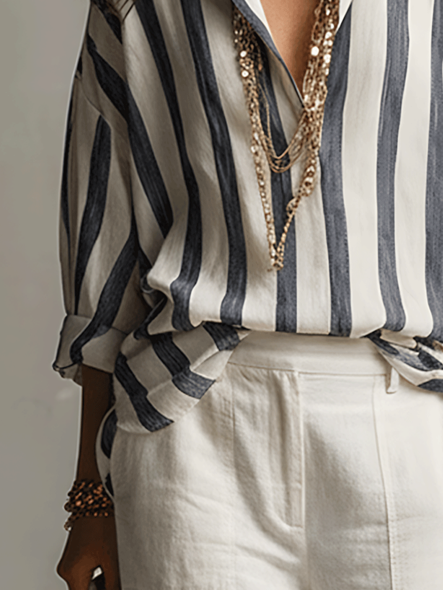 Kaia | Camicia Casual a Righe in Cotone e Lino a Maniche Lunghe