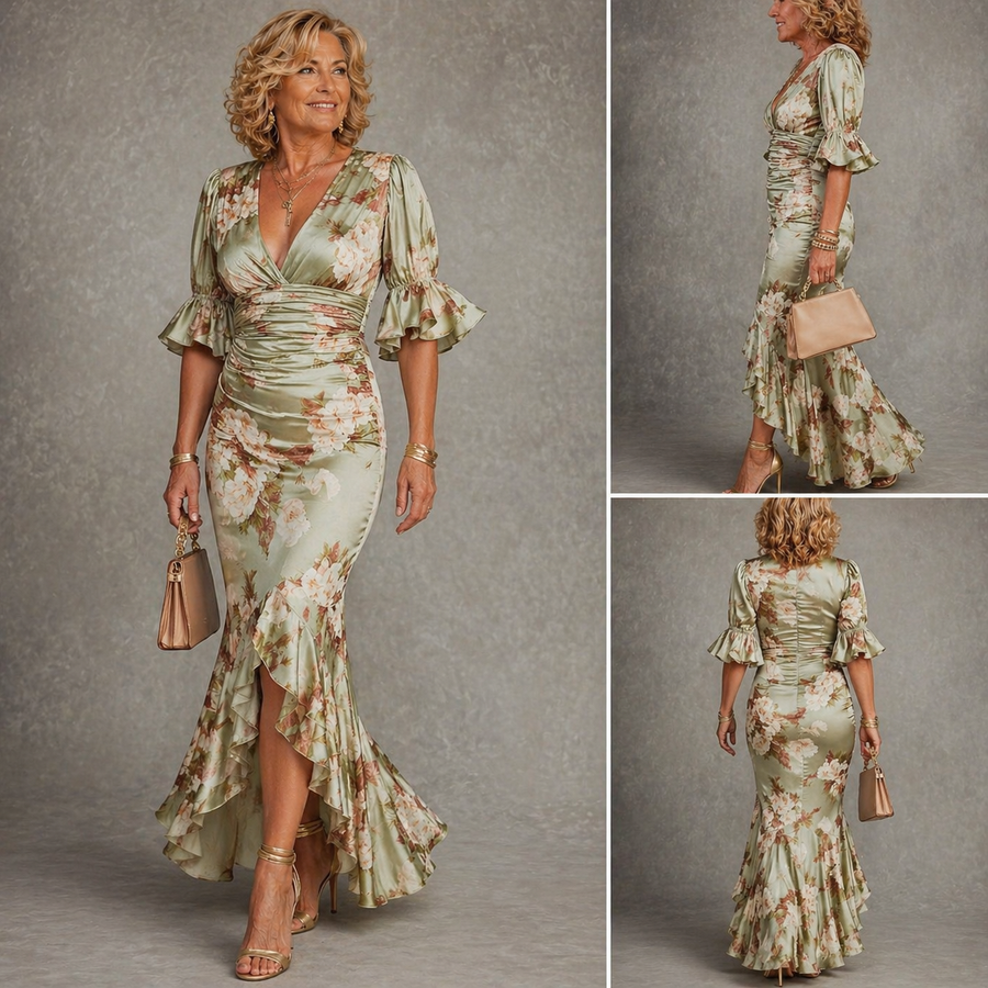 Beatrice | Abito maxi floreale con scollo a V e orlo a balze dal fascino romantico