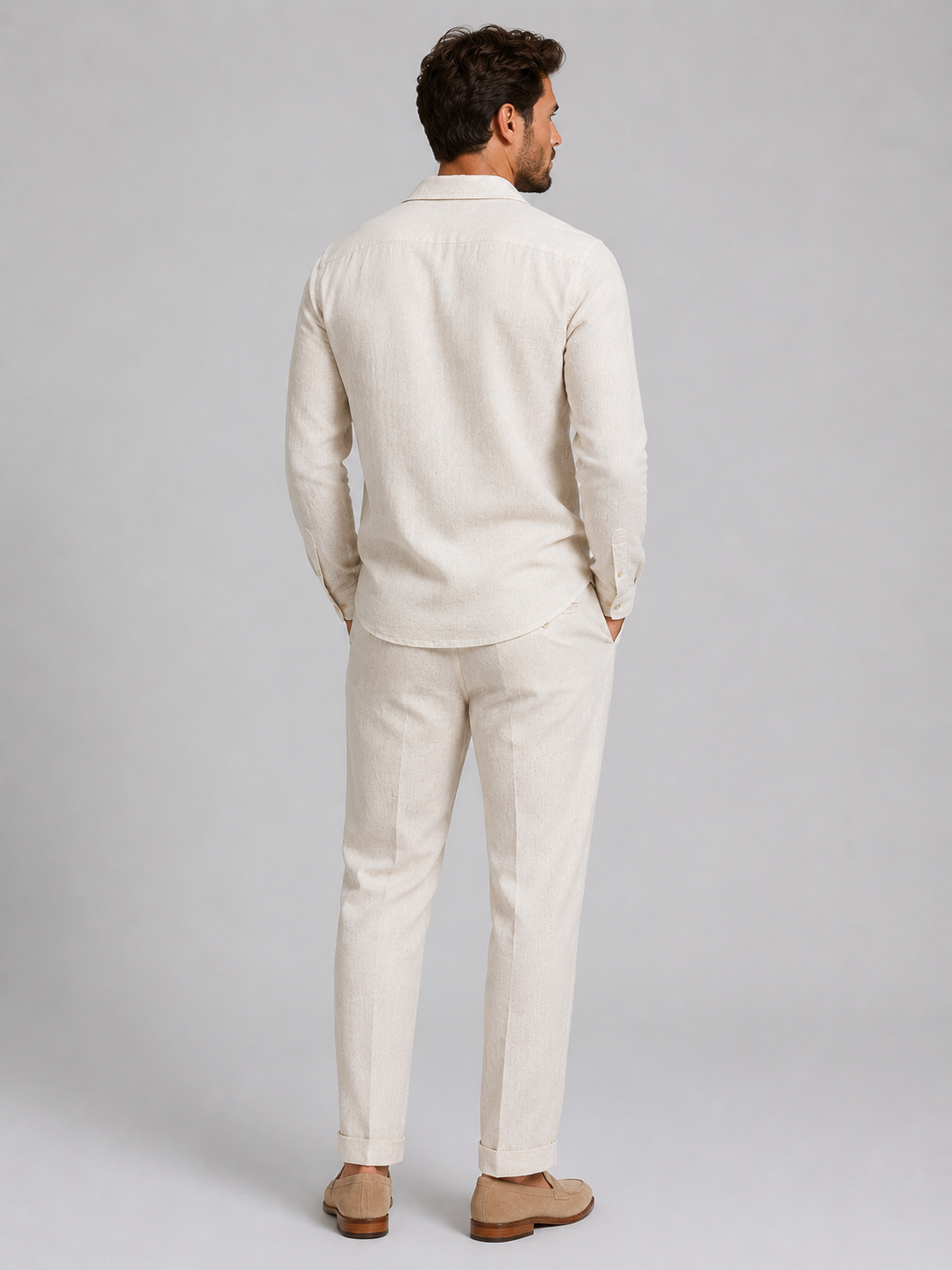 Completo Uomo Effetto Lino Camicia e Pantaloni Taglio Rilassato