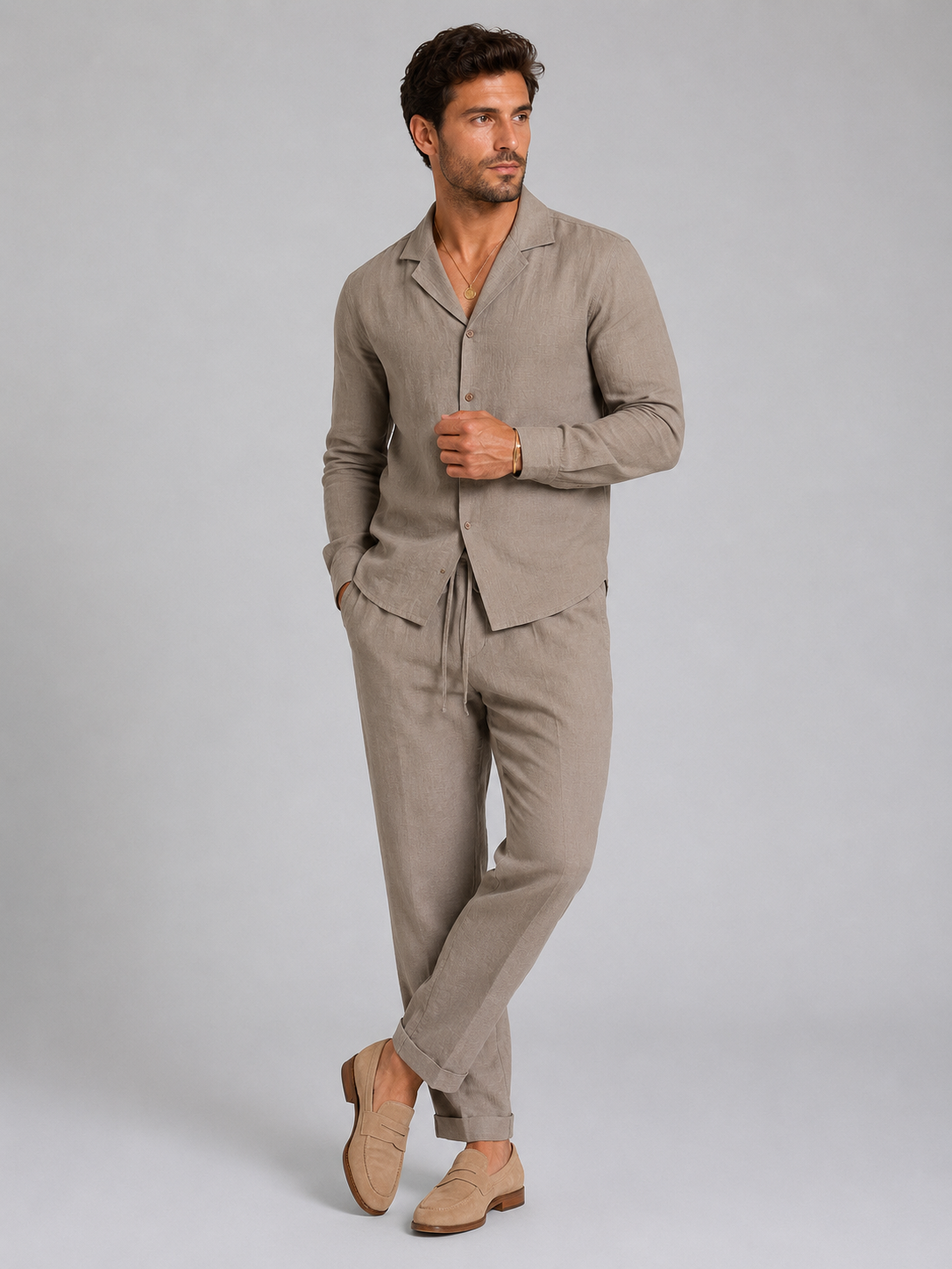 Completo Uomo Effetto Lino Camicia e Pantaloni Taglio Rilassato