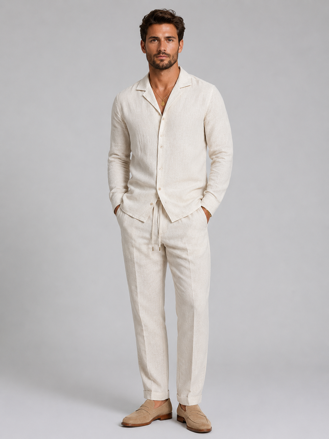 Completo Uomo Effetto Lino Camicia e Pantaloni Taglio Rilassato