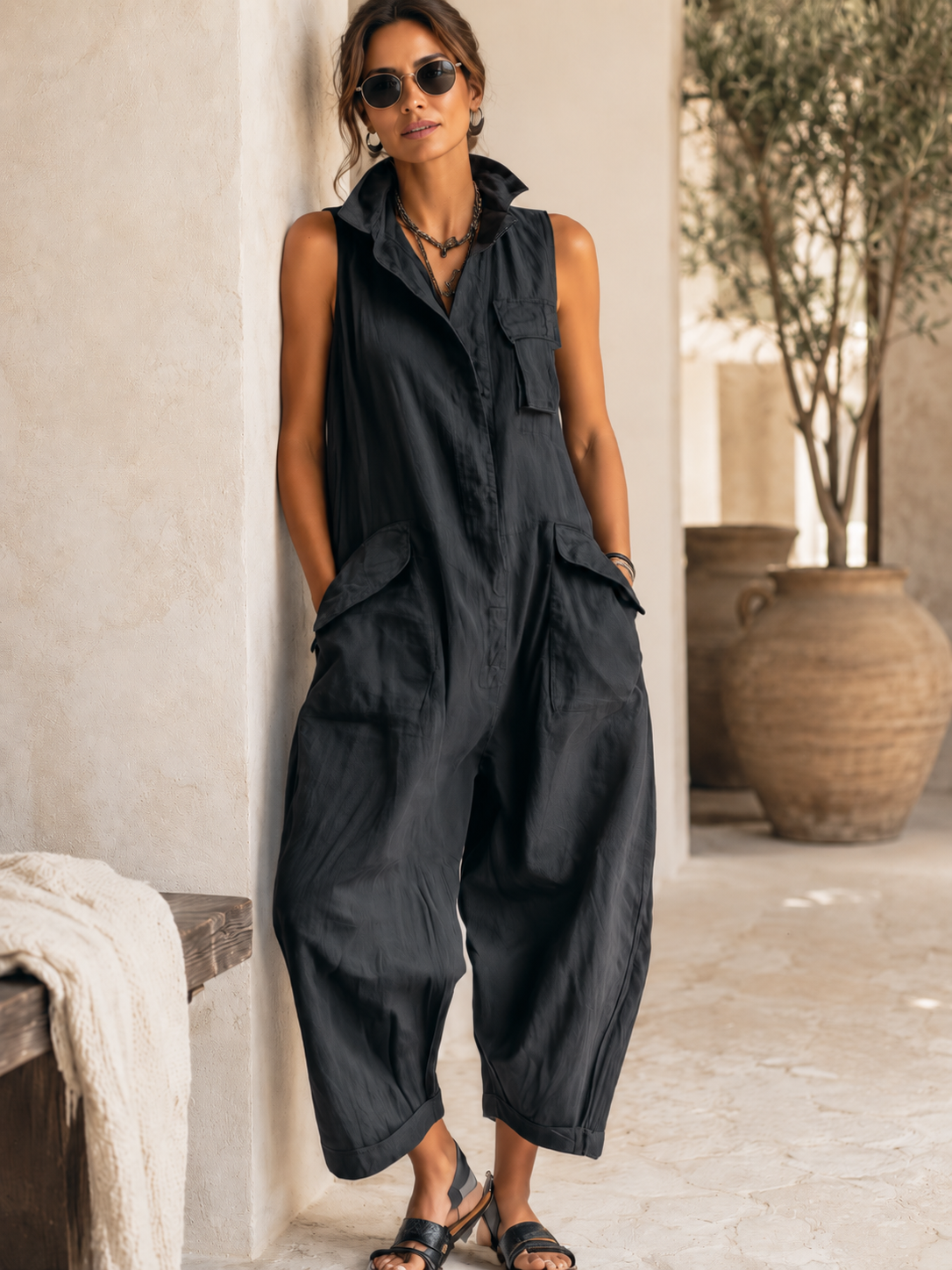 Ilaria | Tuta cargo senza maniche in cotone con silhouette rilassata