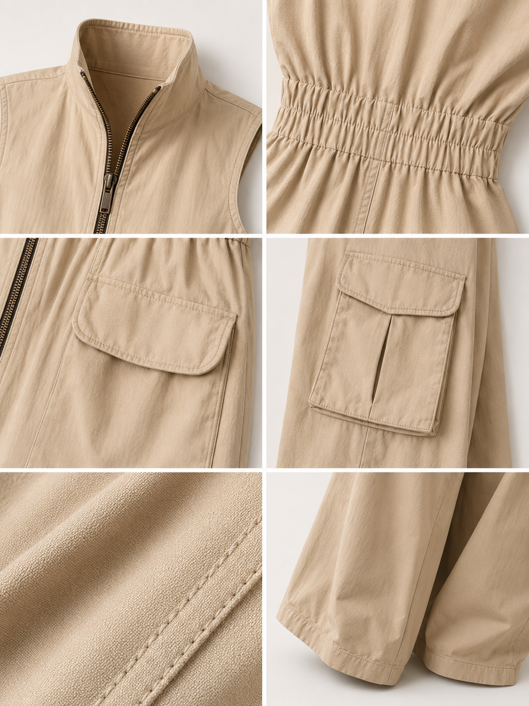 Nicoletta | Tuta cargo utility senza maniche in cotone beige con zip frontale