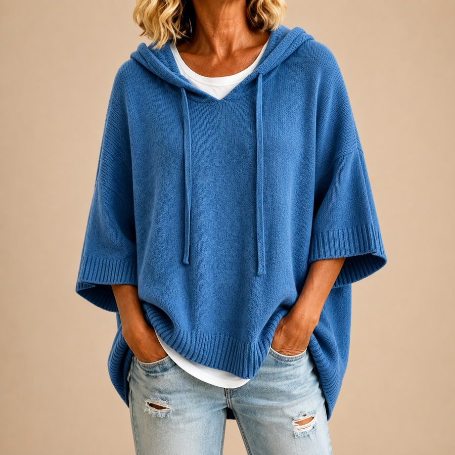 Ottavia | Poncho in Maglia con Cappuccio e Manica a Tre Quarti