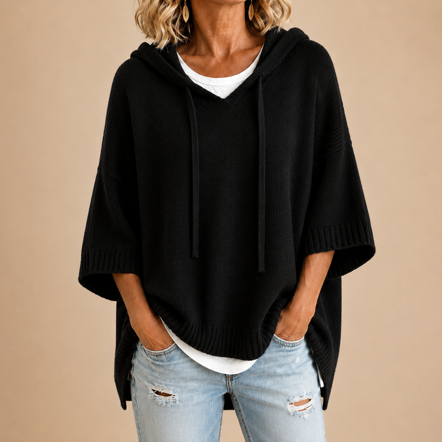 Ottavia | Poncho in Maglia con Cappuccio e Manica a Tre Quarti