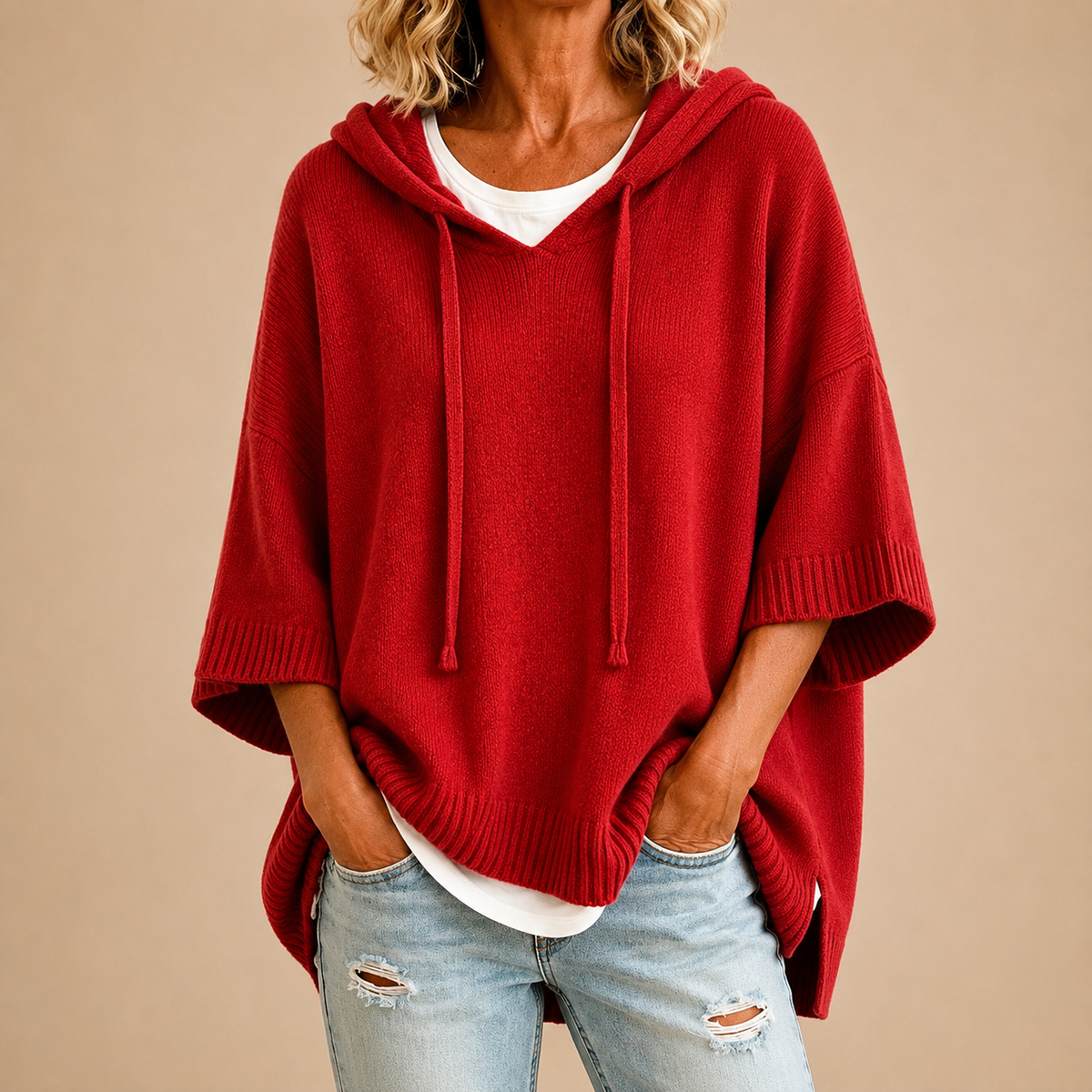 Ottavia | Poncho in Maglia con Cappuccio e Manica a Tre Quarti