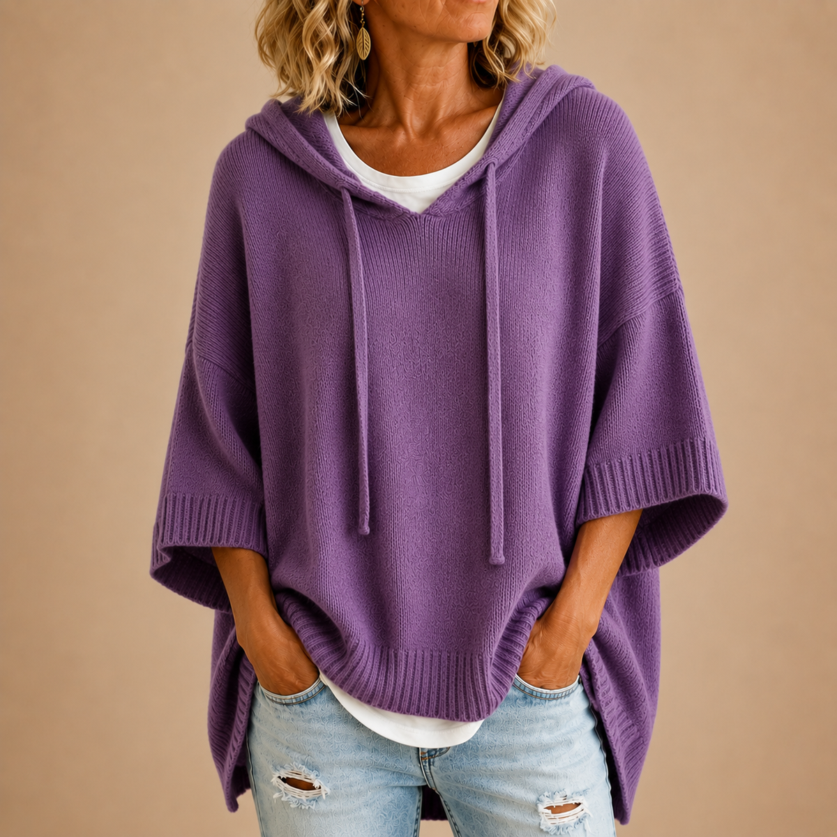 Ottavia | Poncho in Maglia con Cappuccio e Manica a Tre Quarti