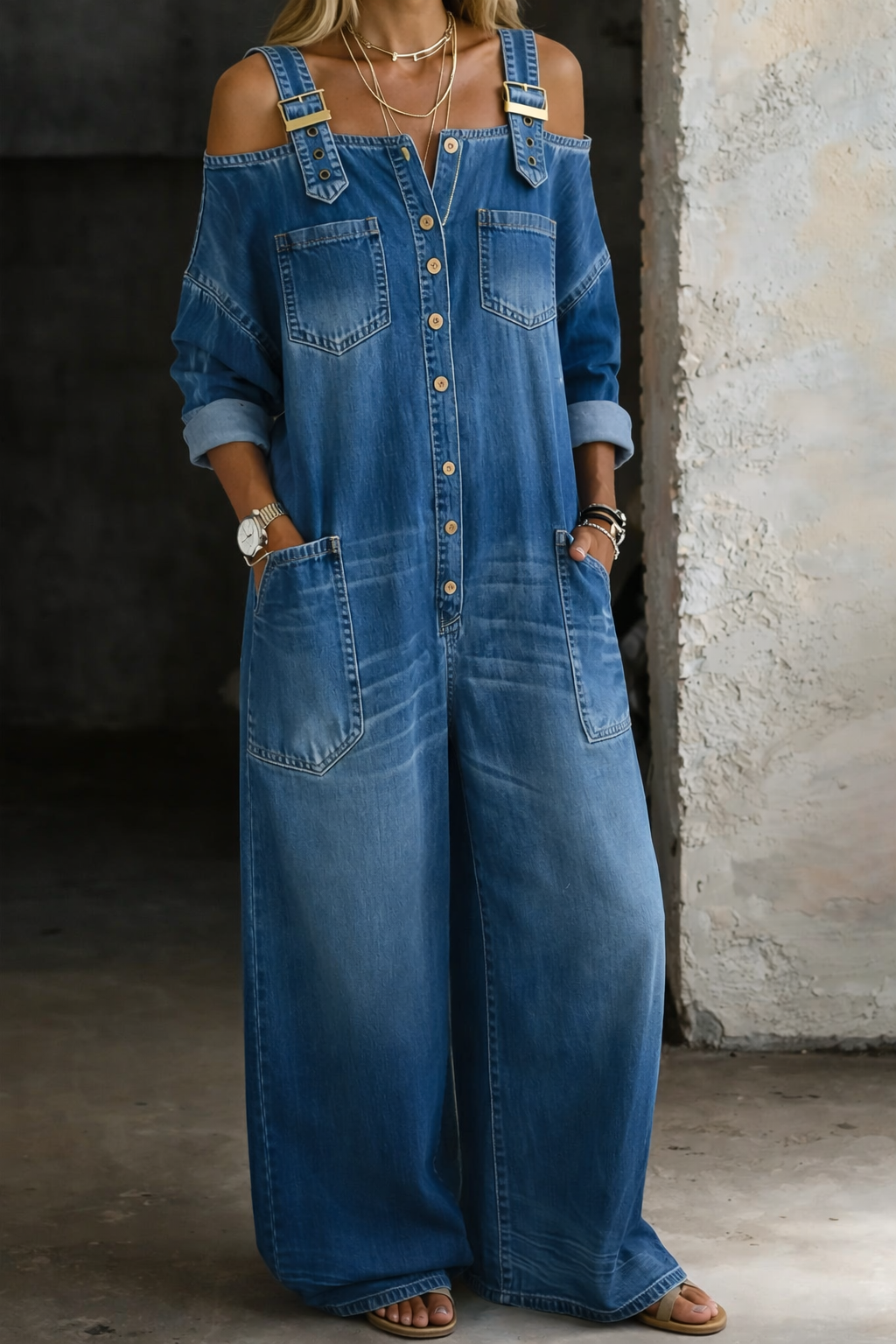 Milena | Abito maxi in denim con spalle scoperte dal fascino urban chic