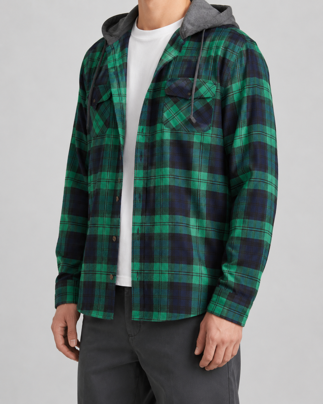 Giacca Camicia Uomo a Quadri con Cappuccio Rilassata