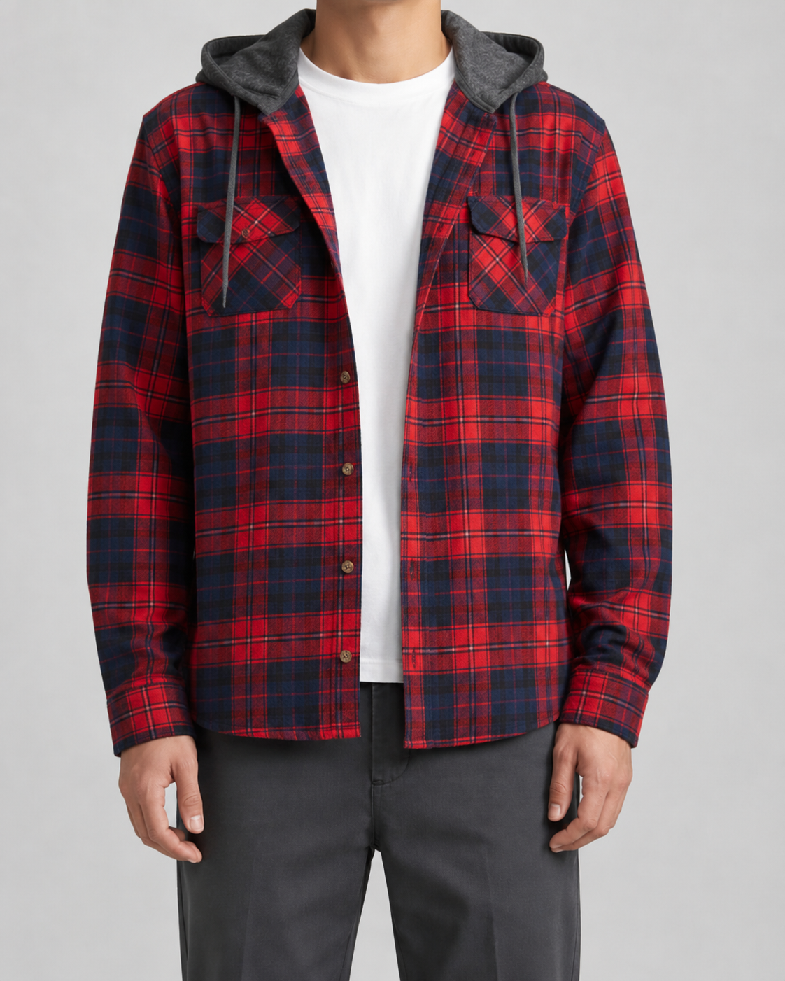 Giacca Camicia Uomo a Quadri con Cappuccio Rilassata