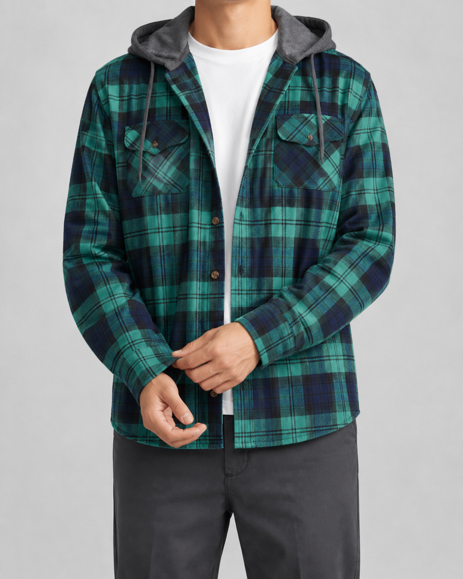 Giacca Camicia Uomo a Quadri con Cappuccio Rilassata