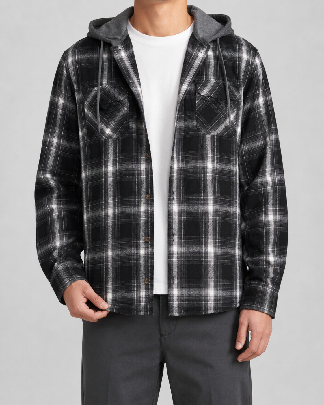 Giacca Camicia Uomo a Quadri con Cappuccio Rilassata