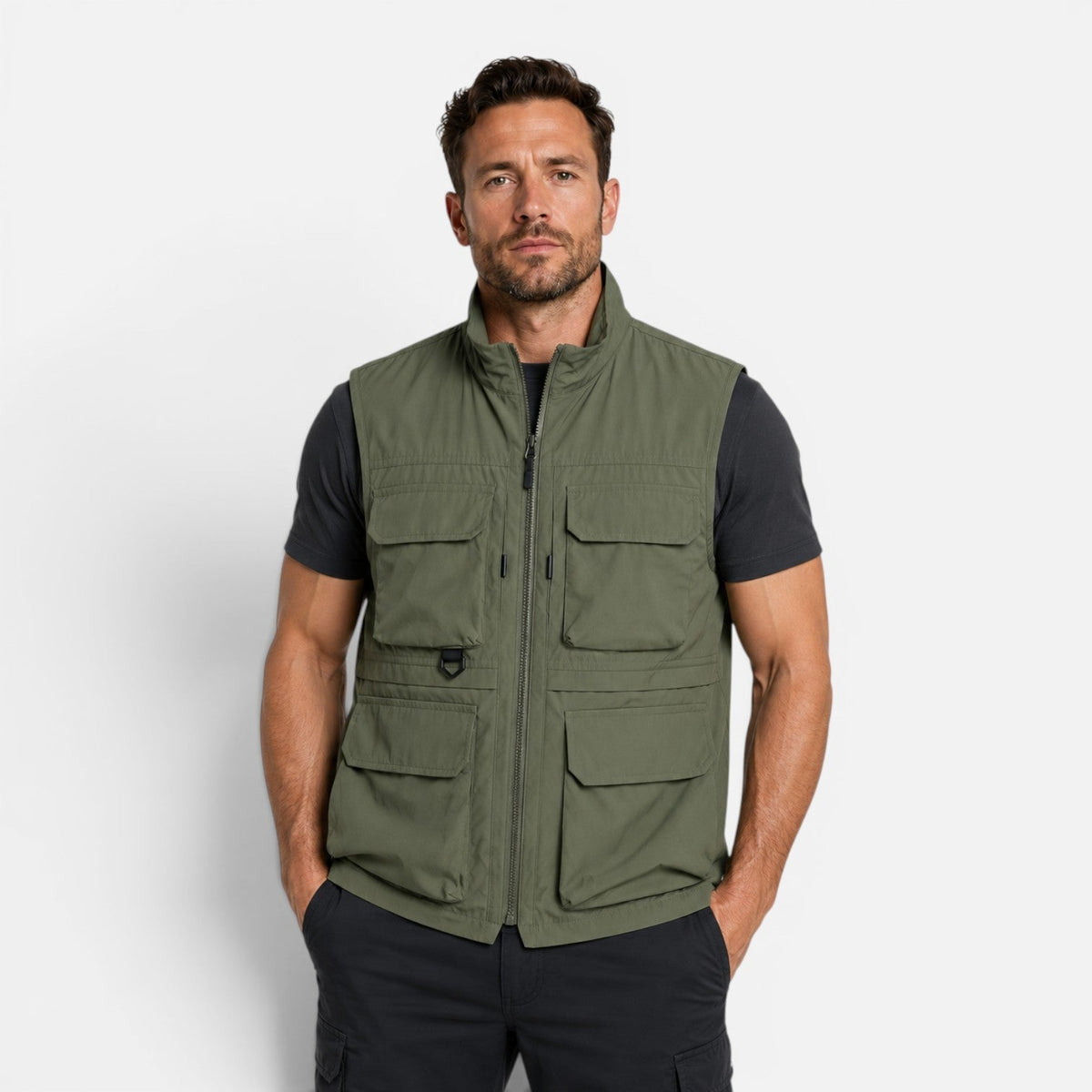 Gilet Uomo Utility Multitasche con Zip Leggero