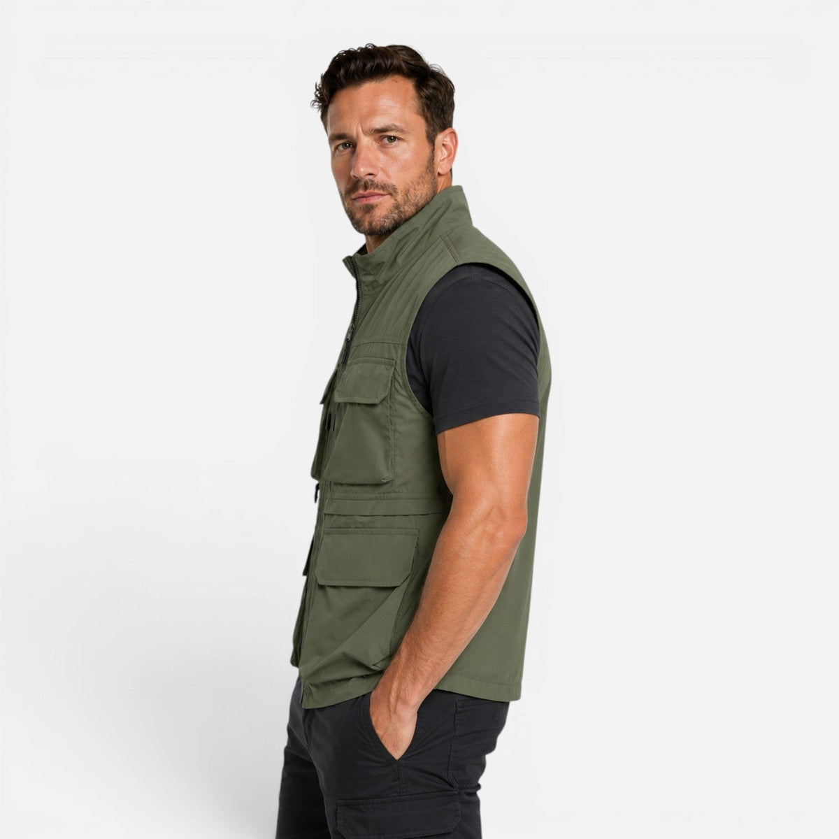 Gilet Uomo Utility Multitasche con Zip Leggero