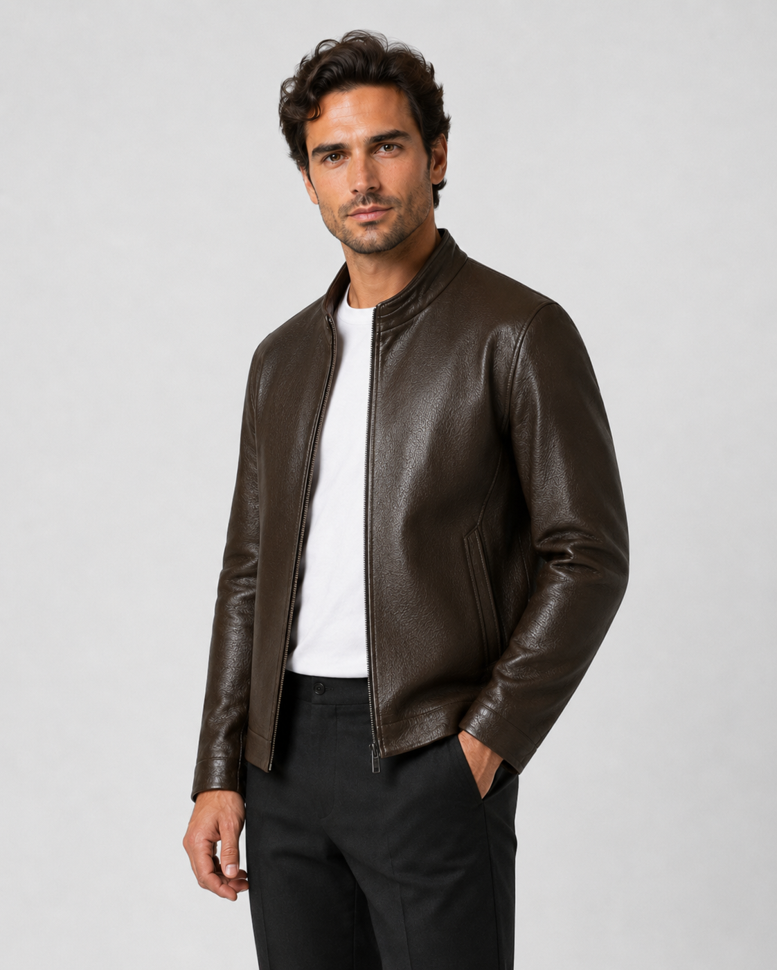 Giacca Uomo Effetto Pelle Collo Alto con Zip