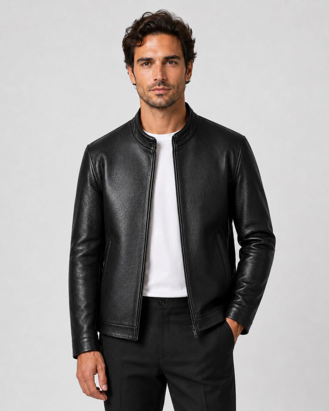 Giacca Uomo Effetto Pelle Collo Alto con Zip
