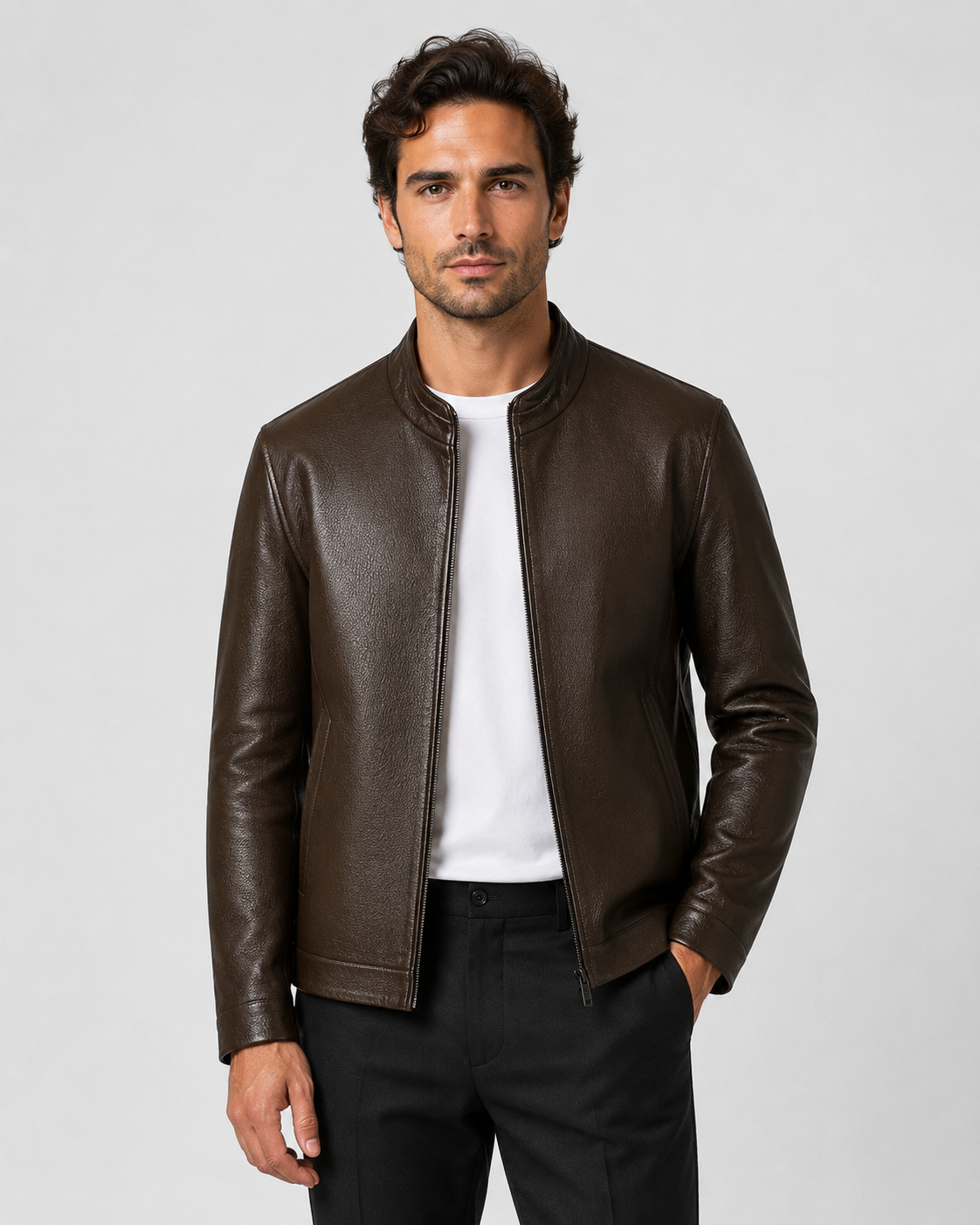 Giacca Uomo Effetto Pelle Collo Alto con Zip