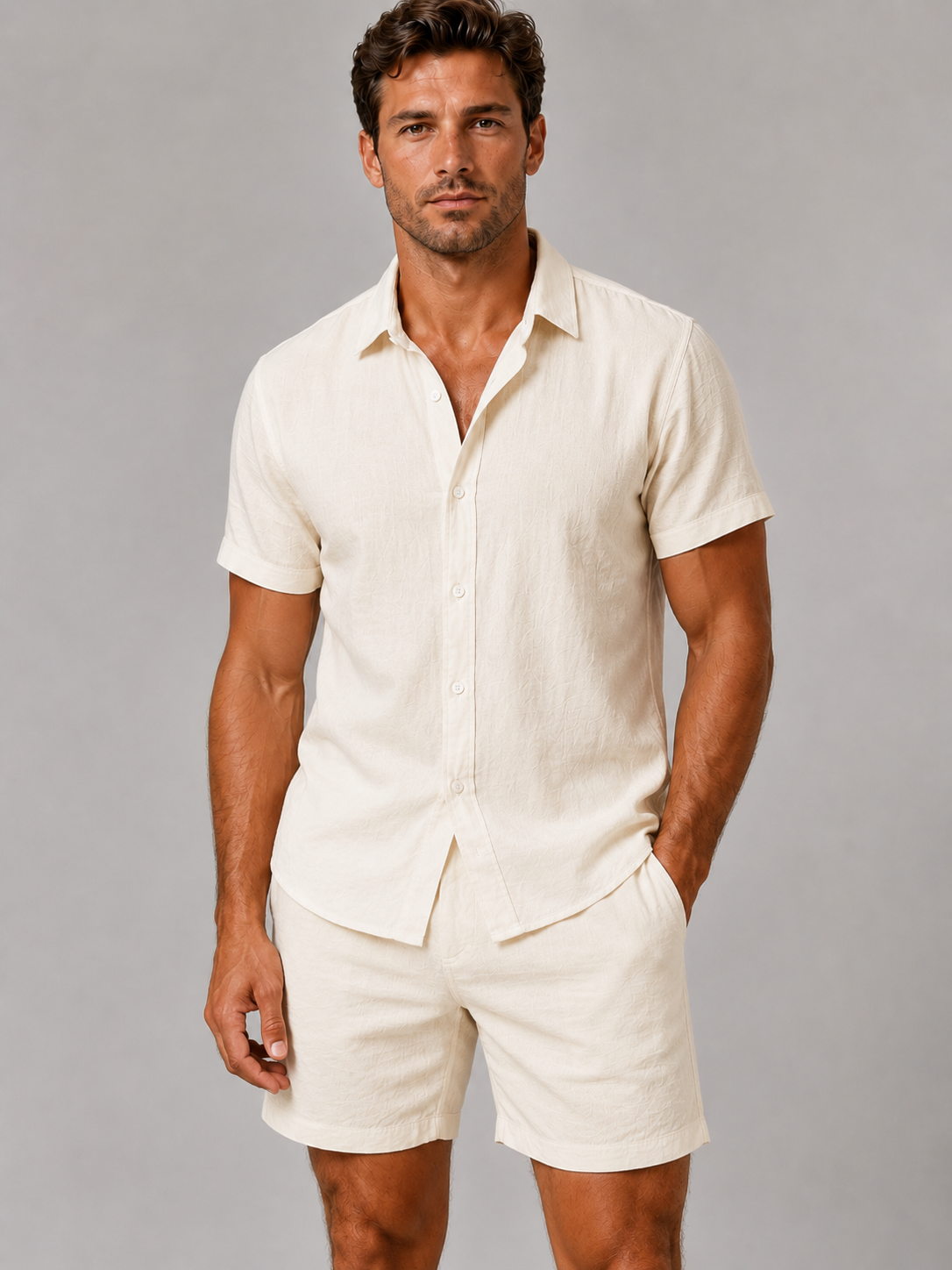 Completo Uomo in Misto Lino Camicia Maniche Corte e Shorts