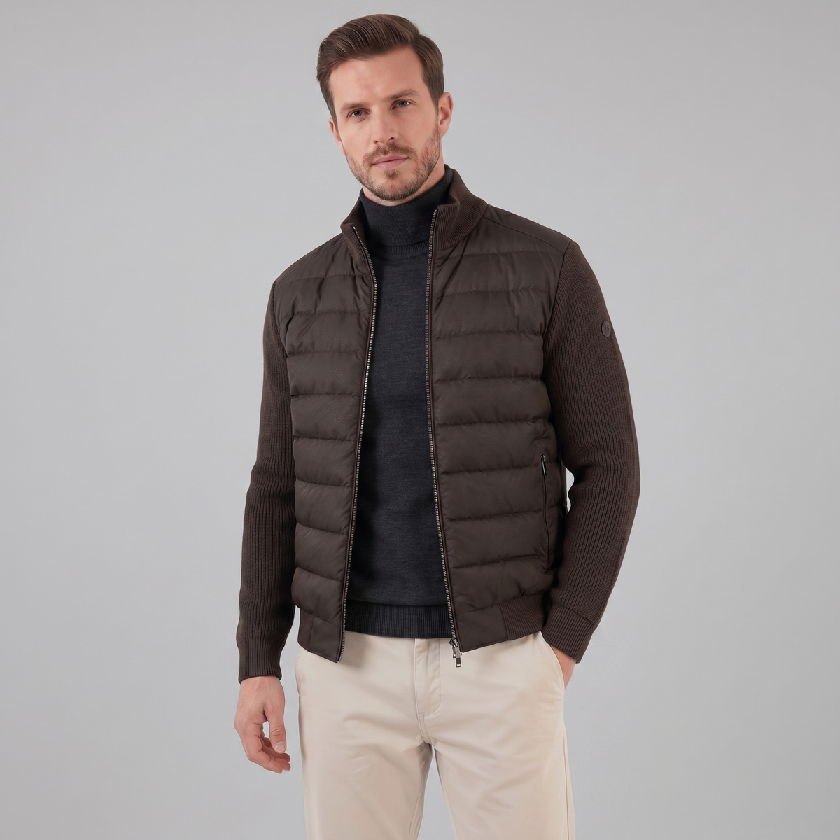 Piumino Uomo con Maniche in Maglia e Collo a Coste