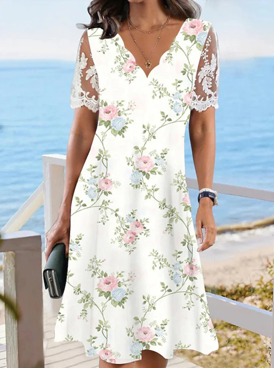 Eleanor™ | Abito Midi con Maniche in Pizzo e Stampa Floreale