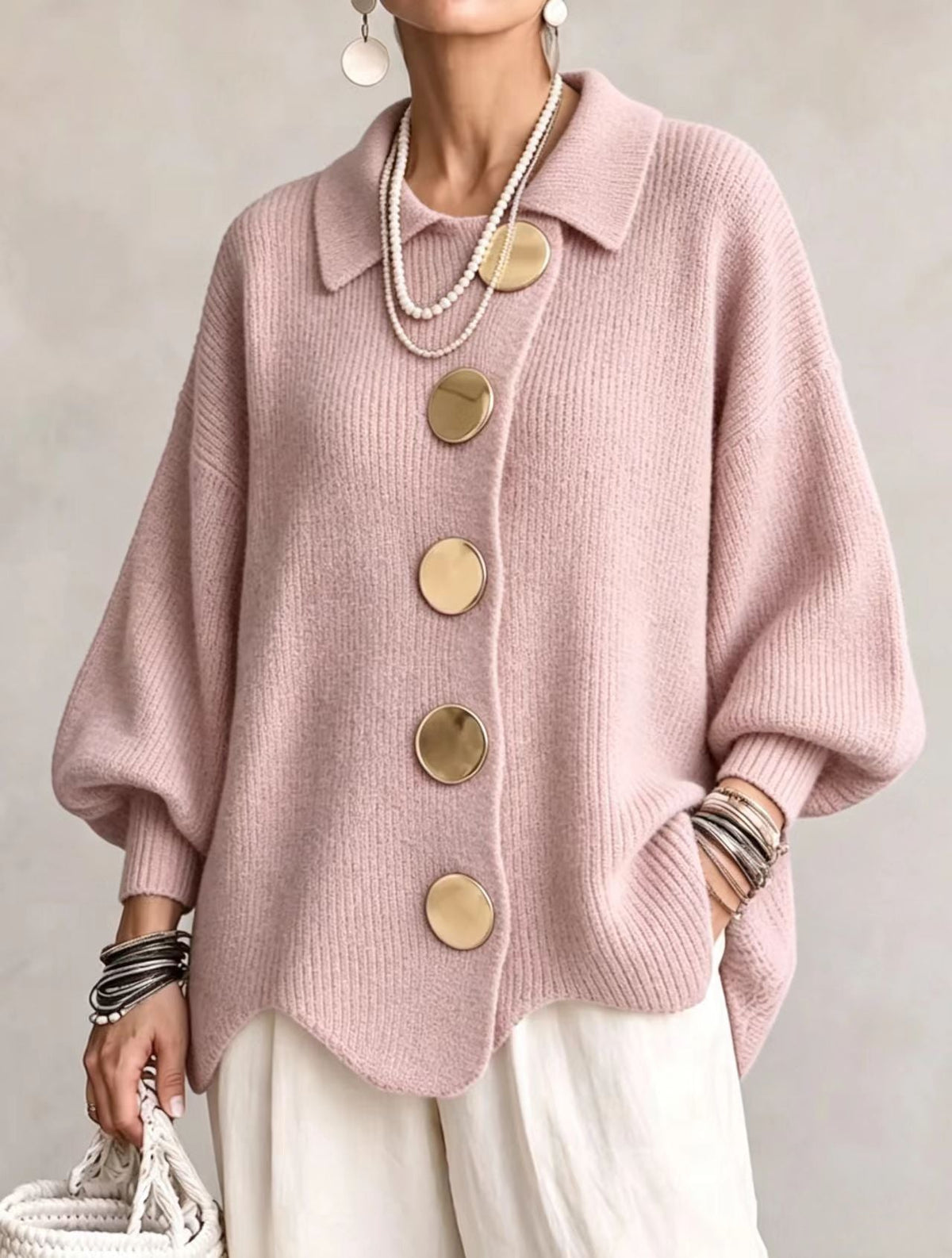 Isadora | Cardigan Oversize con Collo e Bottoni Metallici Grandi