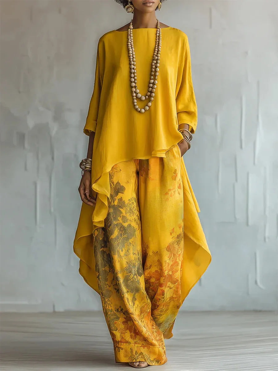 Completo Donna Stampato con Top Asimmetrico e Pantaloni Larghi