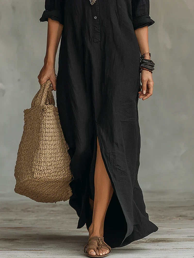 Céline™ | Abito Maxi Nero Ampio con Bottoni
