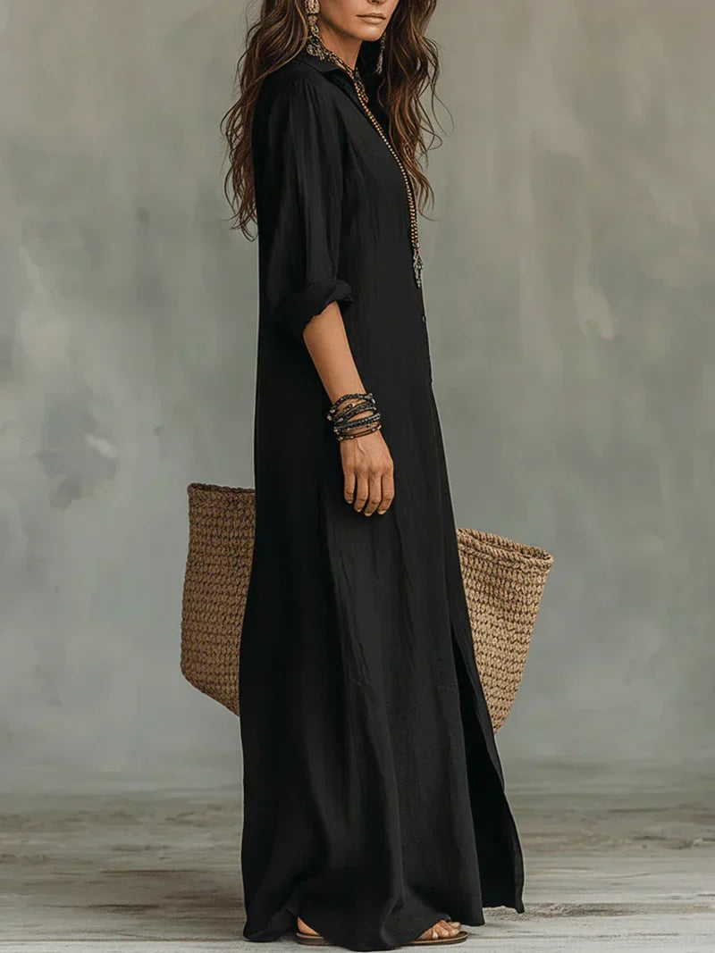 Céline™ | Abito Maxi Nero Ampio con Bottoni