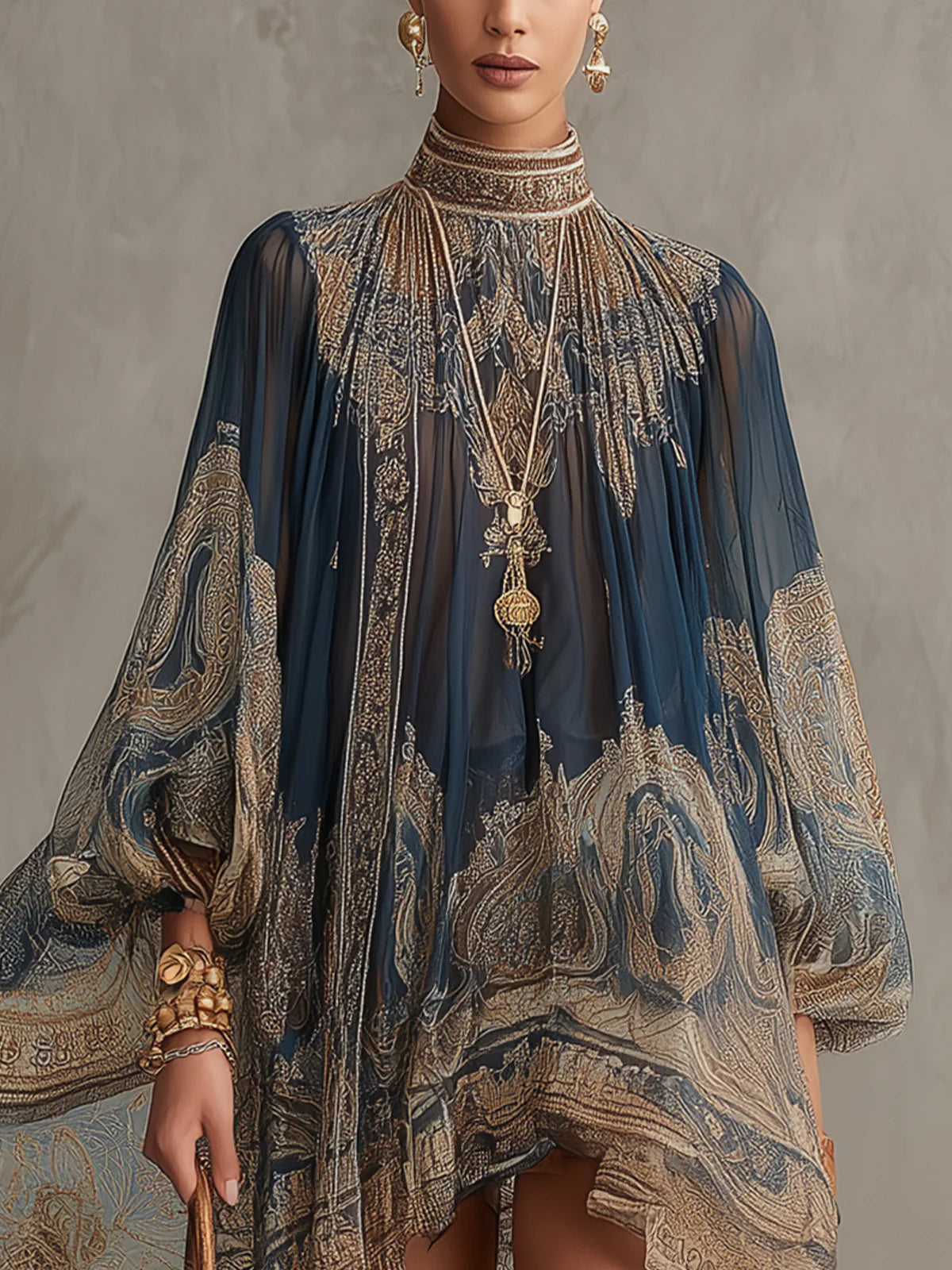 Marianna | Mini abito in chiffon blu navy con stampa barocca dorata