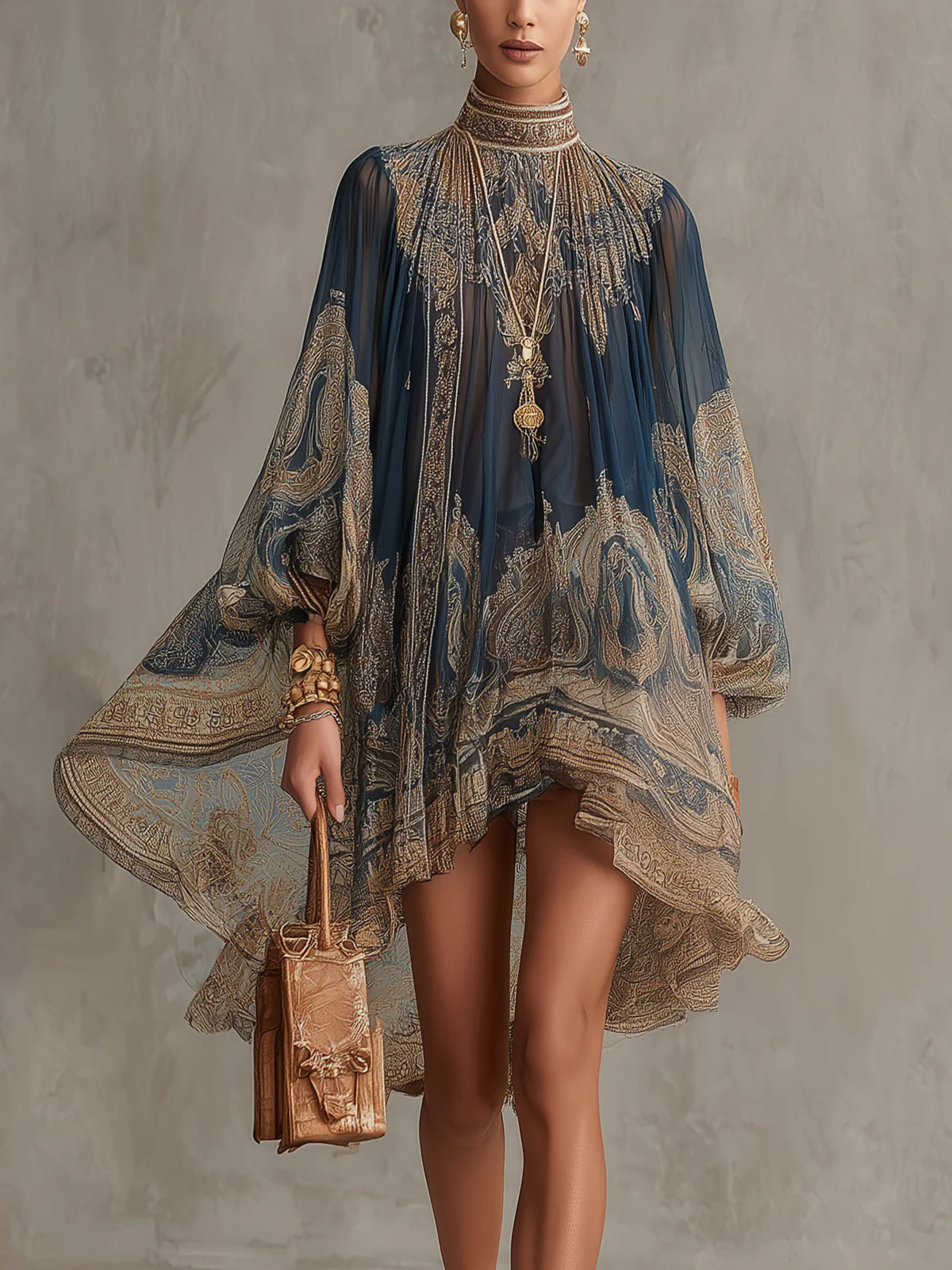 Marianna | Mini abito in chiffon blu navy con stampa barocca dorata