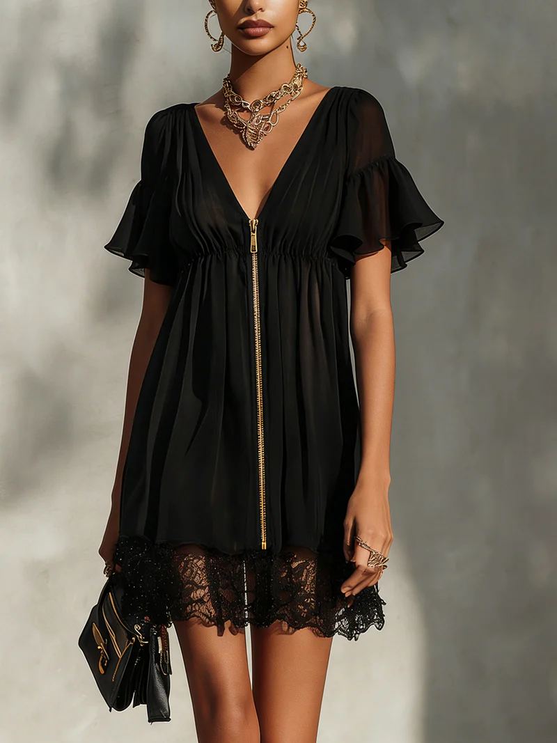Rachele | Miniabito nero in chiffon con cremallera dorata e orlo in pizzo