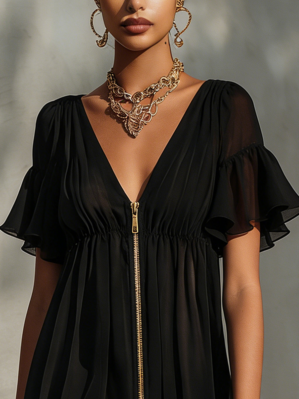 Rachele | Miniabito nero in chiffon con cremallera dorata e orlo in pizzo