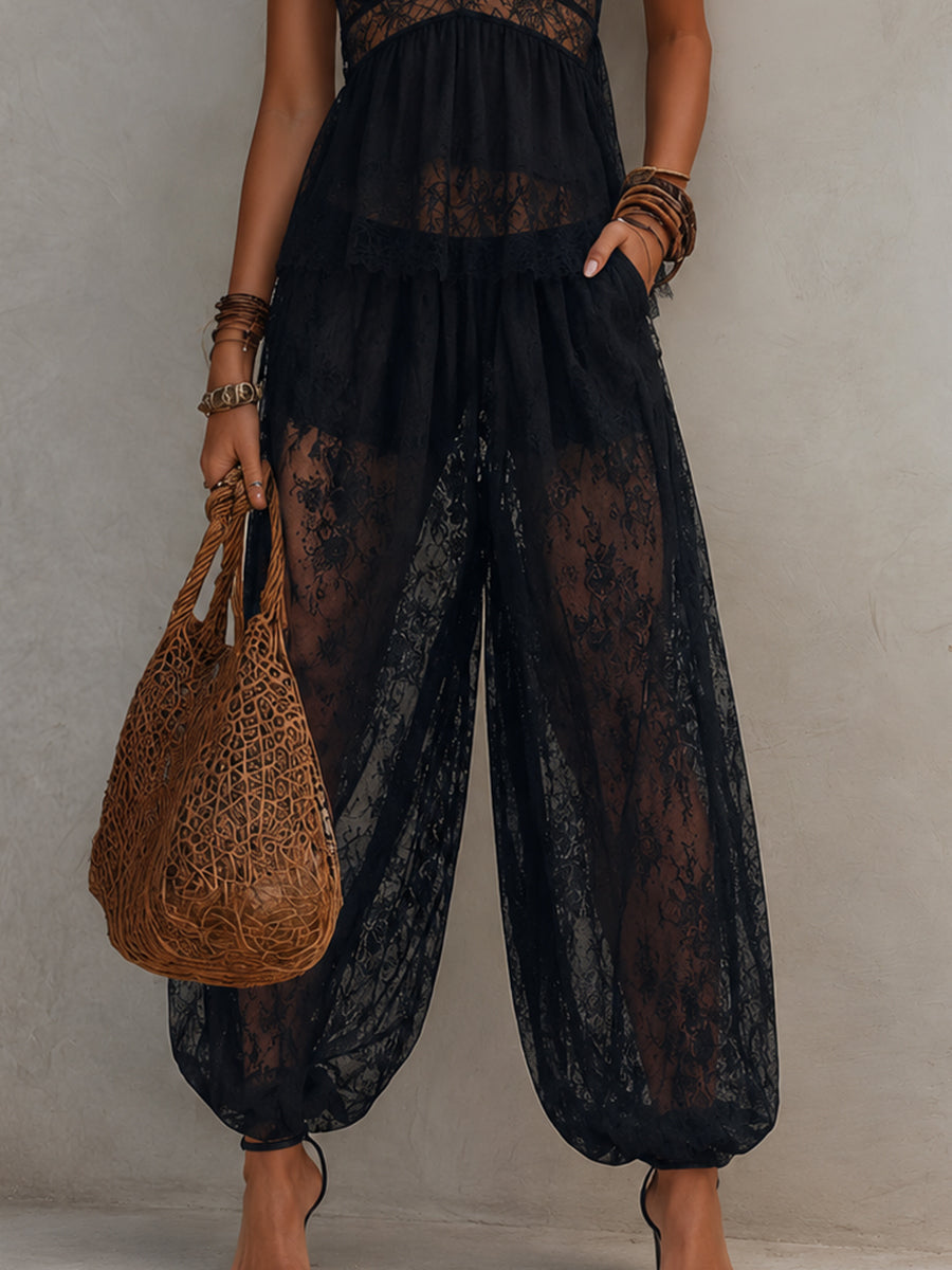 Vanessa | Completo halter nero con pizzo e pantaloni harem
