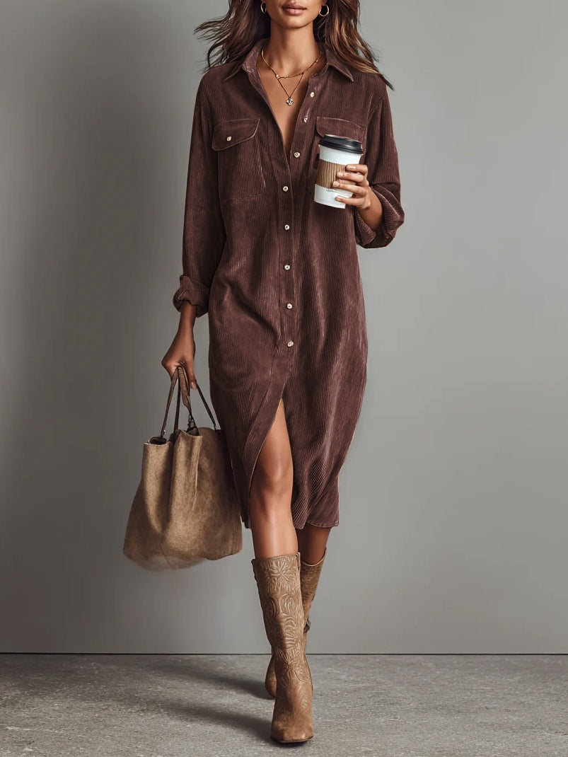 Abito Midi in Corduroy con Tasche a Doppio Petto e Bottone Singolo