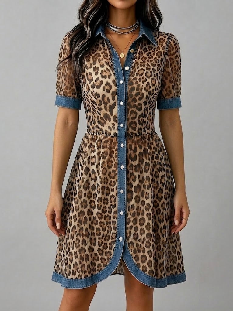 Adriana | Abito chemisier leopardato con profili in denim e bottoni
