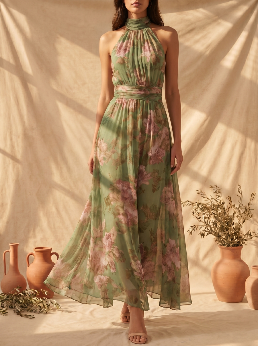 Livia | Elegante Maxi Abito con Fiori Halter