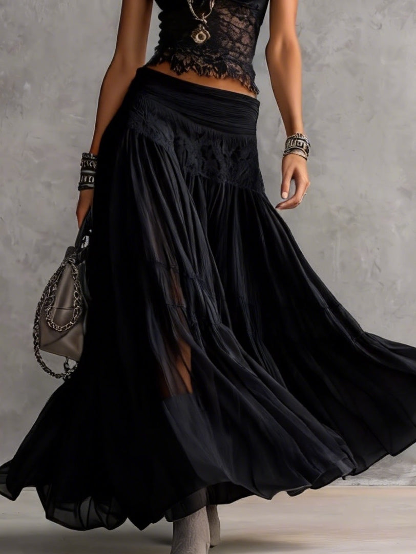 Adelina | Set nero in pizzo e gonna plissettata