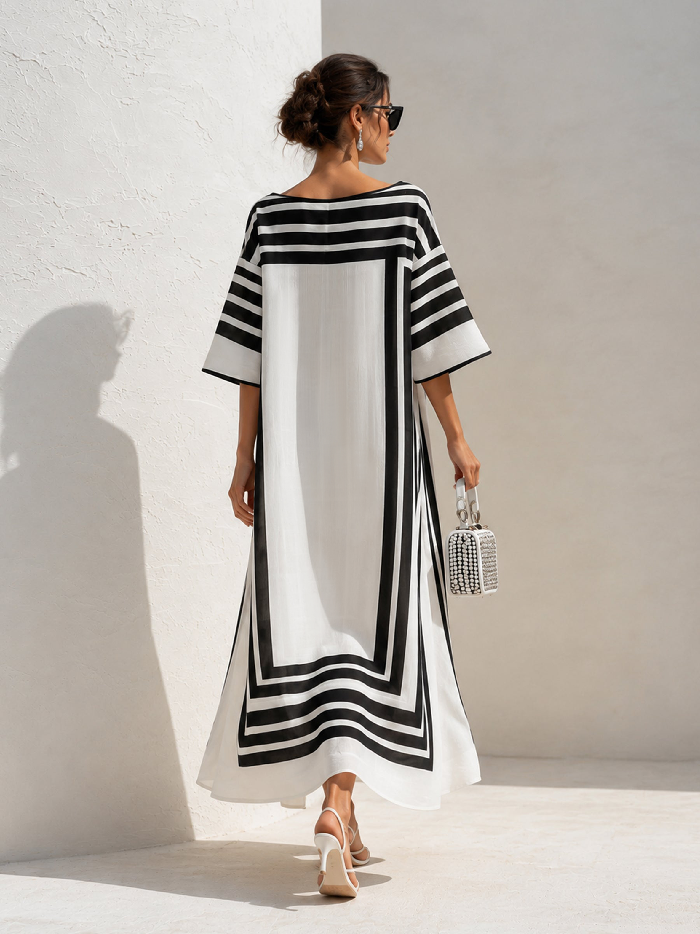 Maddalena | Kaftan maxi a righe geometriche nero e bianco