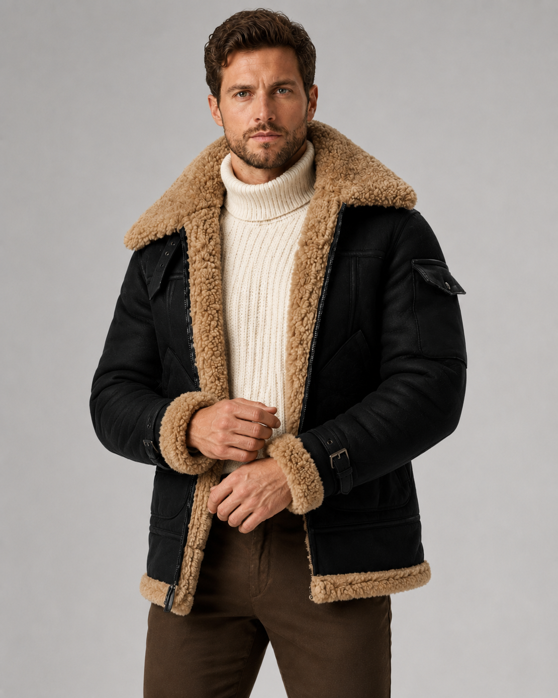 Giacca Aviator Uomo Effetto Pelle Collo Shearling Sintetico
