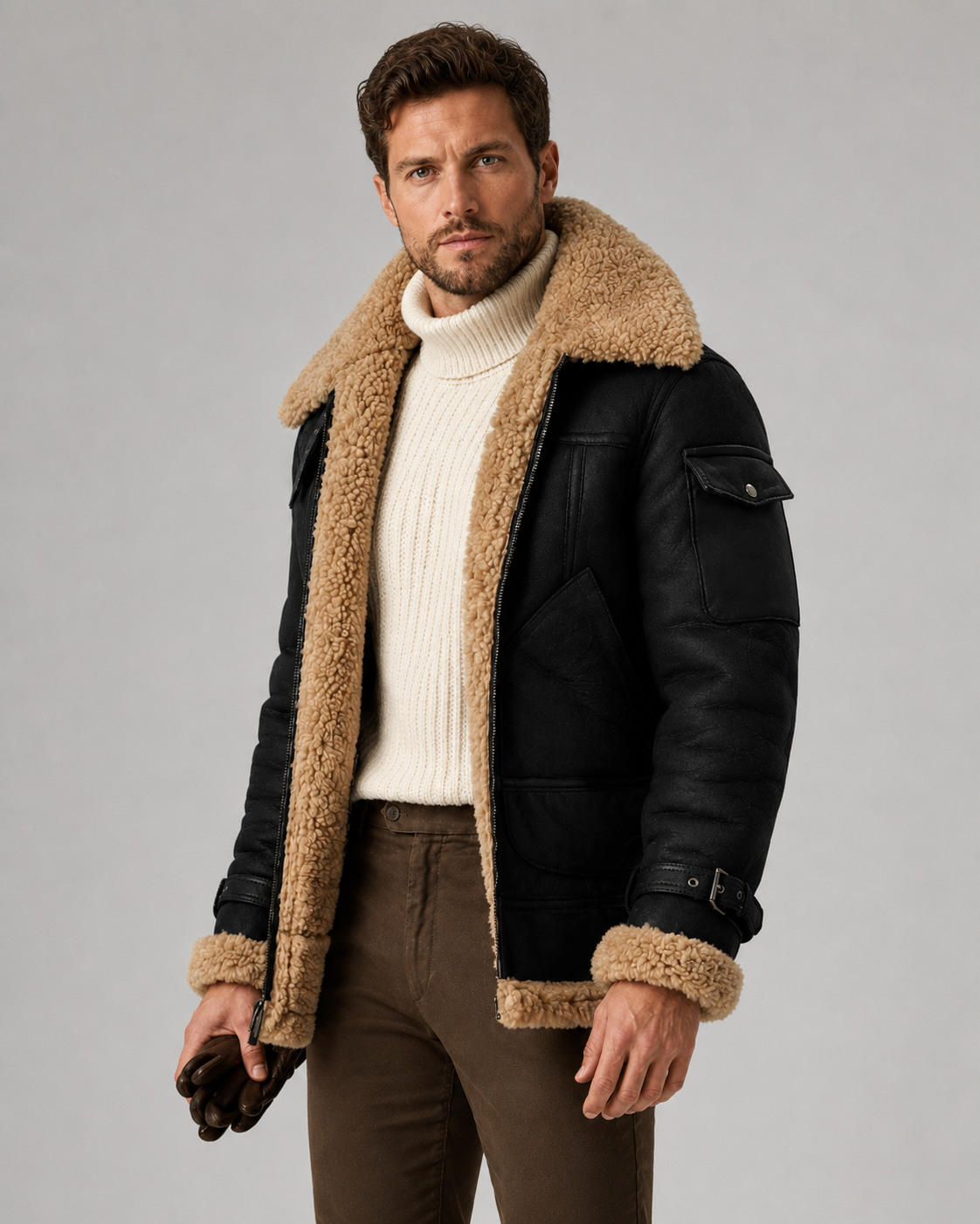 Giacca Aviator Uomo Effetto Pelle Collo Shearling Sintetico
