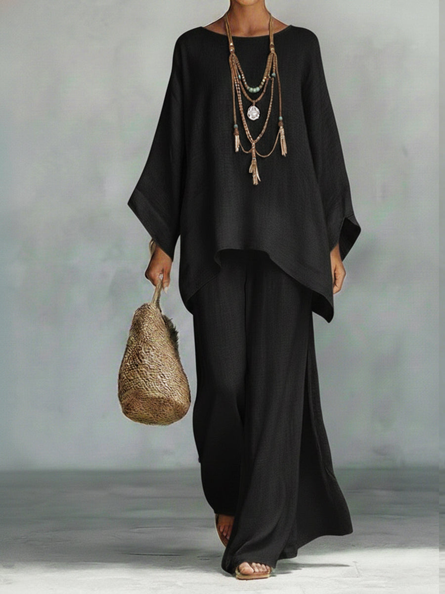Anita | Completo due pezzi in cotone e lino con top a pipistrello dal fascino resort