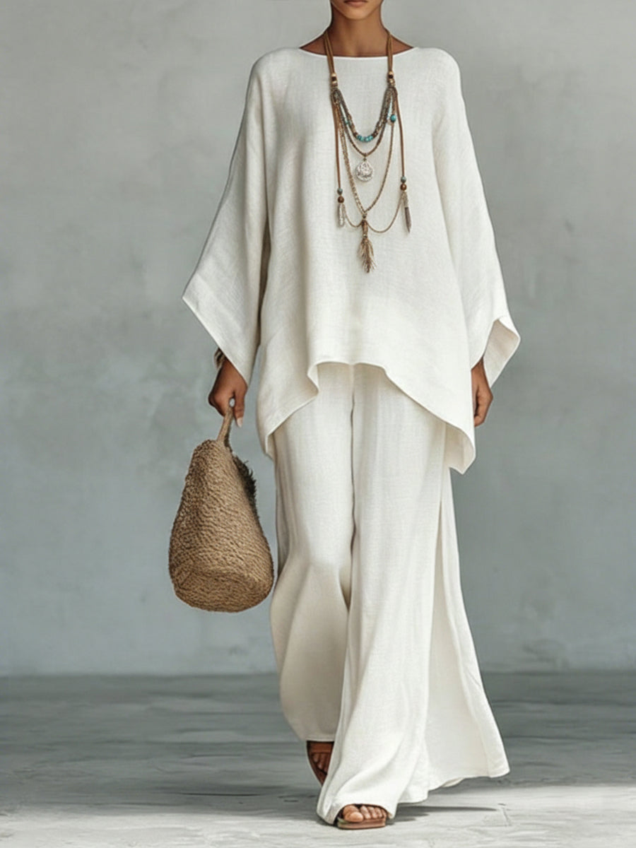 Anita | Completo due pezzi in cotone e lino con top a pipistrello dal fascino resort