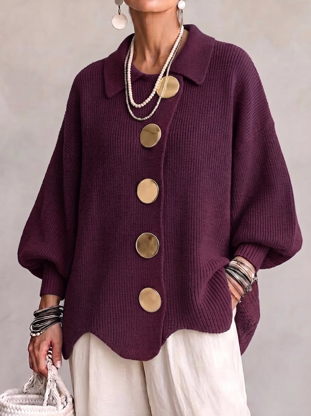 Isadora | Cardigan Oversize con Collo e Bottoni Metallici Grandi
