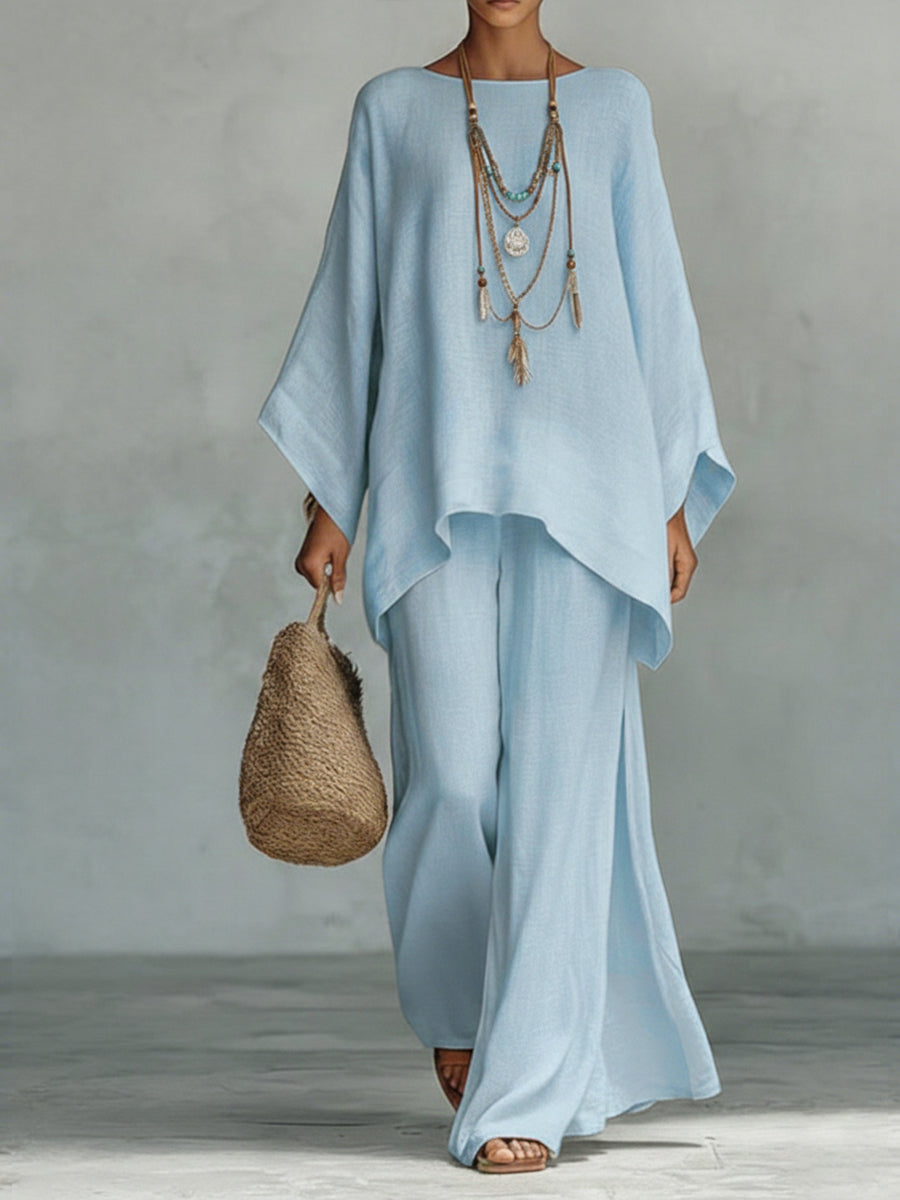 Anita | Completo due pezzi in cotone e lino con top a pipistrello dal fascino resort