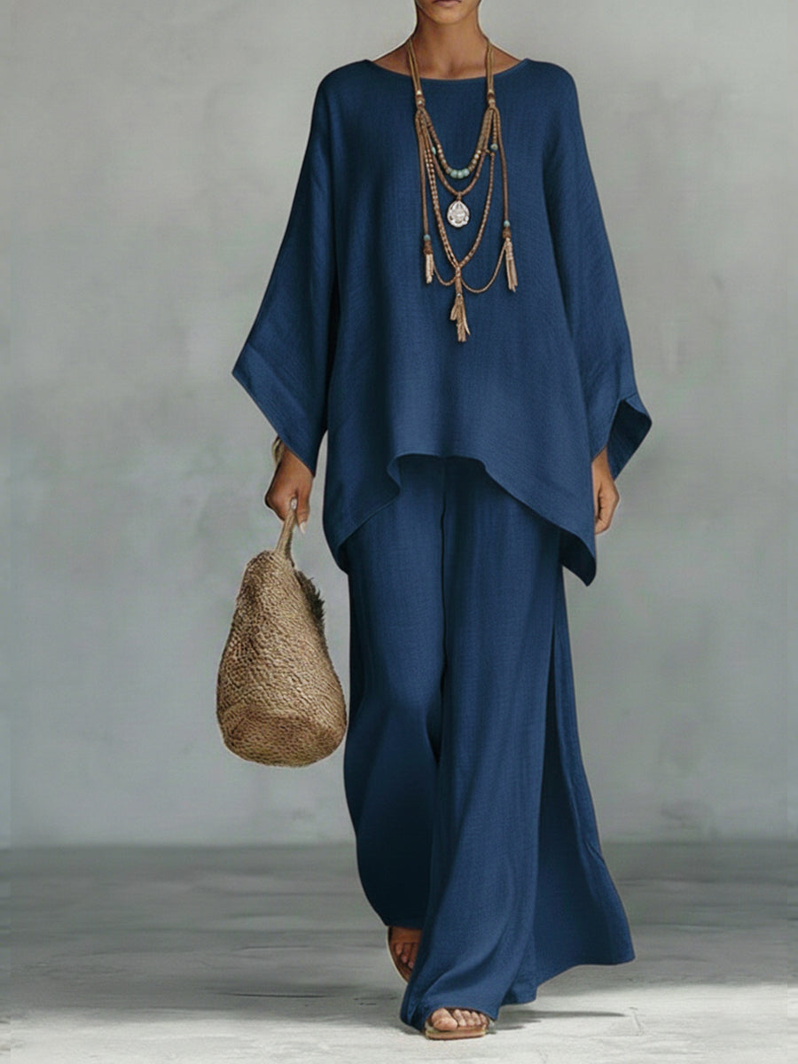 Anita | Completo due pezzi in cotone e lino con top a pipistrello dal fascino resort