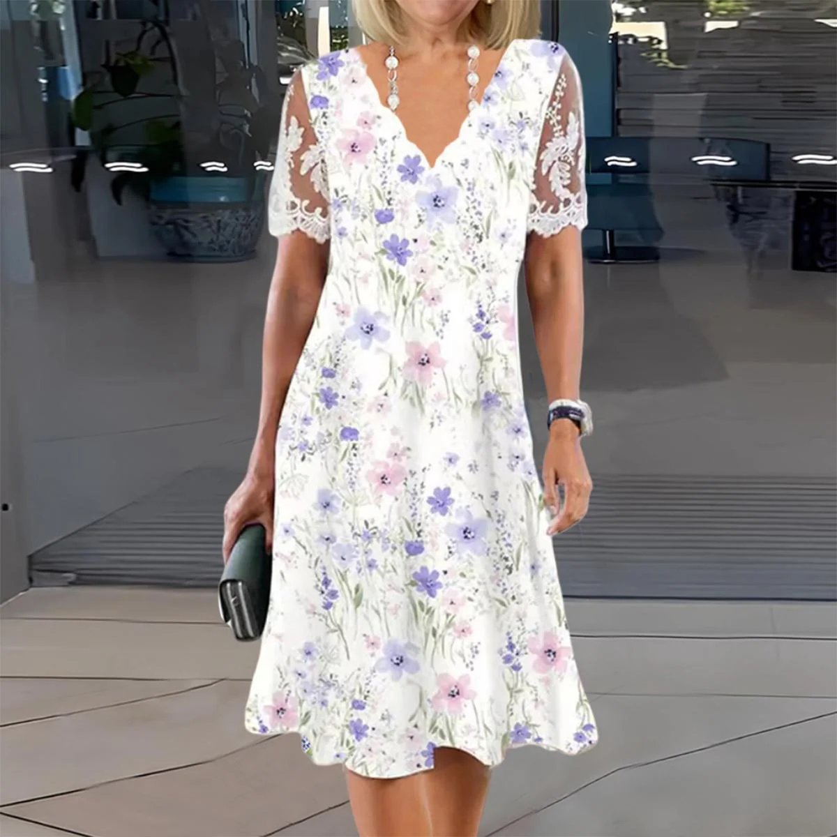 Eleanor™ | Abito Midi con Maniche in Pizzo e Stampa Floreale